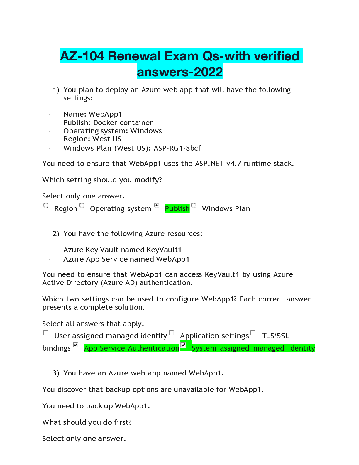 Preview image for Az 104 renewal exam questions and answers 2022/23